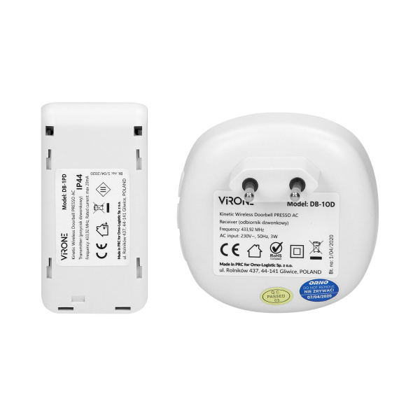 PRESSO AC wireless doorbell with learning system and kinetic push-button, 36 ringtones, communication range of 100m in an open a